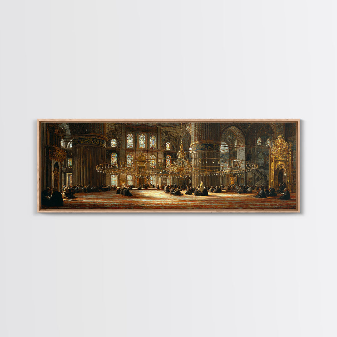 Intricate Historic Mosque Interior With Worshippers And Golden Details Wall Art Beautiful Islamic Architecture Framed Canvas Print