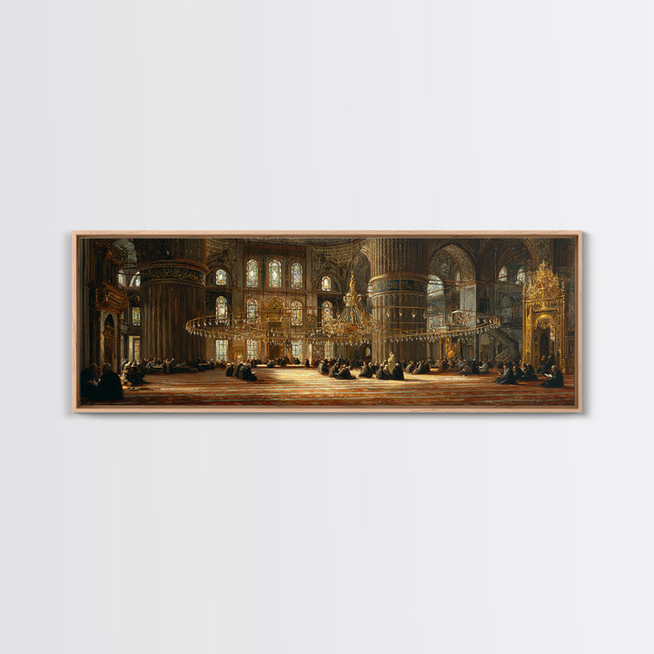 Intricate Historic Mosque Interior With Worshippers And Golden Details Wall Art Beautiful Islamic Architecture Framed Canvas Print