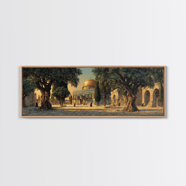 Stunning Realistic Mosque Courtyard With Olive Trees And People Framed Canvas Print For Islamic Home Decor Wall Art