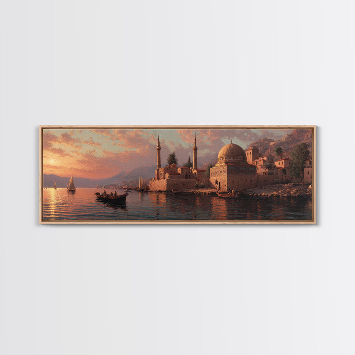 Seaside Town At Sunset Oil Painting Canvas Print With Boats And Warm Orange Glow Wall Art For Coastal Home Decor And Dining Room