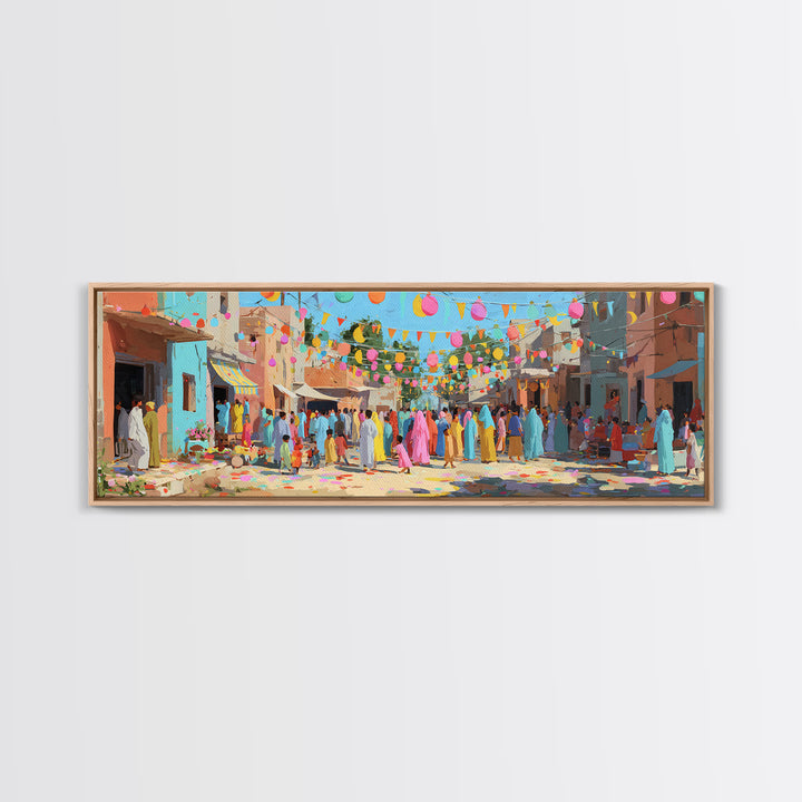 Festive Colorful Town Square Celebration Digital Painting Bright Lanterns And Crowds For Joyful Wall Art