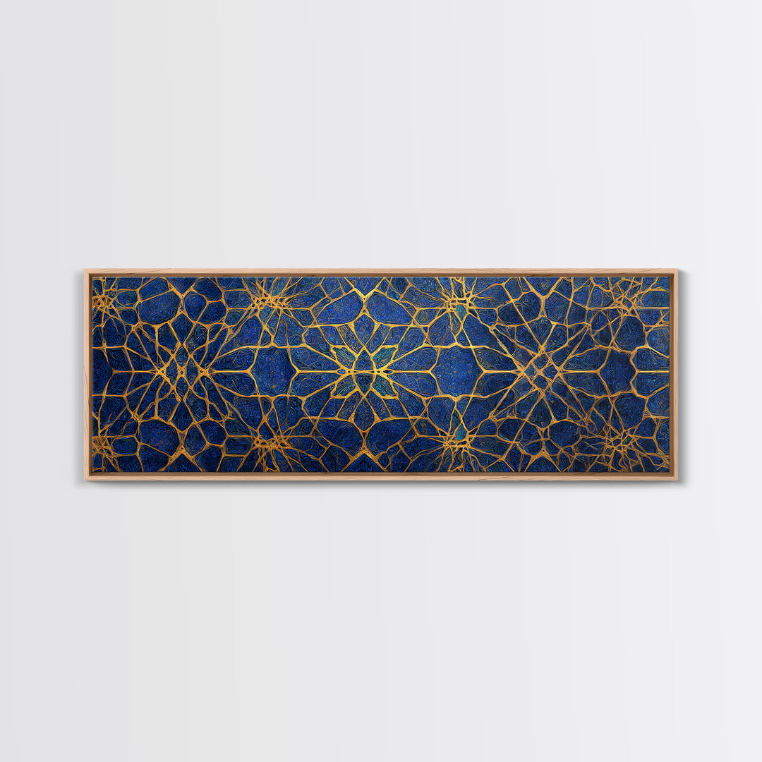 Detailed Blue And Gold Islamic Geometric Pattern Canvas Print For Elegant Religious Home Decor