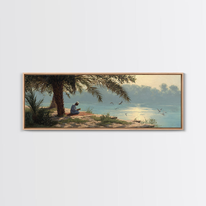 Tranquil Riverside Scene With Man Reading Sacred Text Surrounded by Palm Trees and Calm Waters Oil Painting Canvas Print