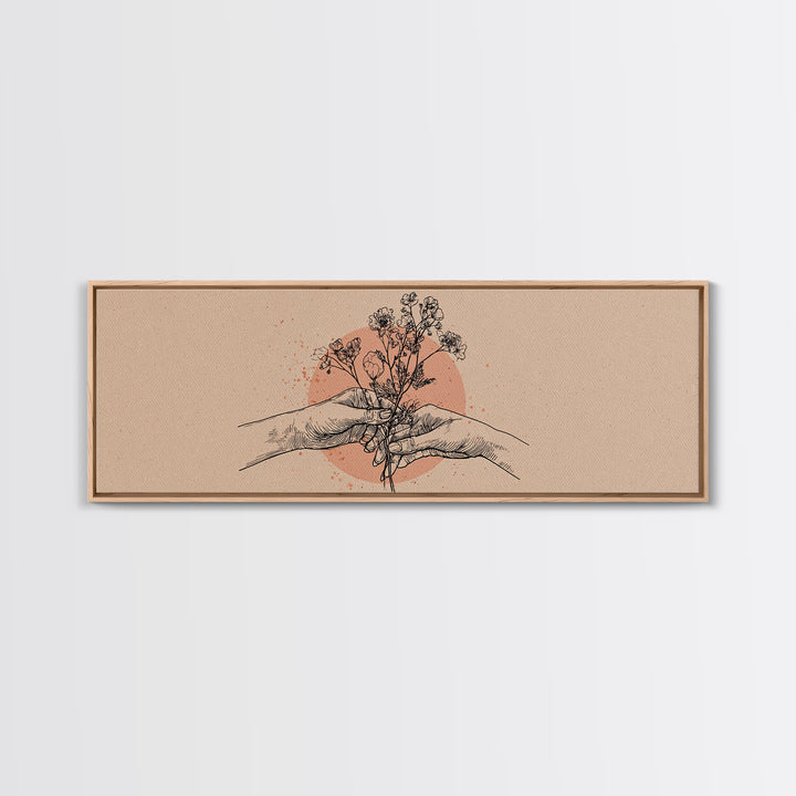 Hands Holding Wildflowers Line Art Wall Art, Neutral Botanical Canvas Print, Romantic Gift For Her And Minimal Bedroom Decor