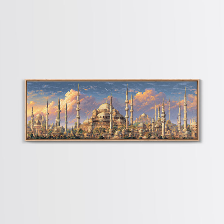 Vibrant Cityscape With Ornate Minarets And Warm Sunset Sky Framed Canvas Print For Home Decor