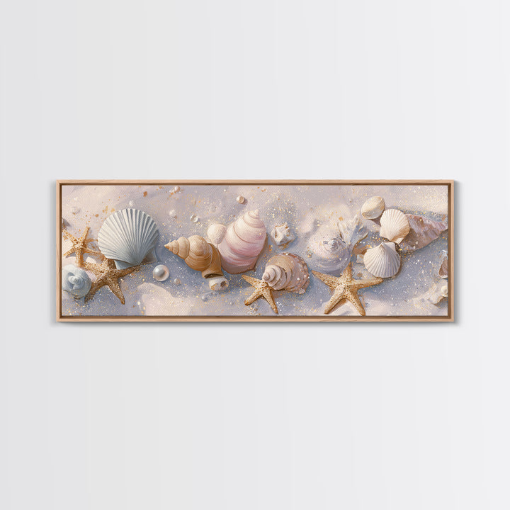 Pastel Seashells And Starfish Beach Wall Art, Coastal Canvas Print, Nautical Bathroom Decor And Beach House Gift For Her
