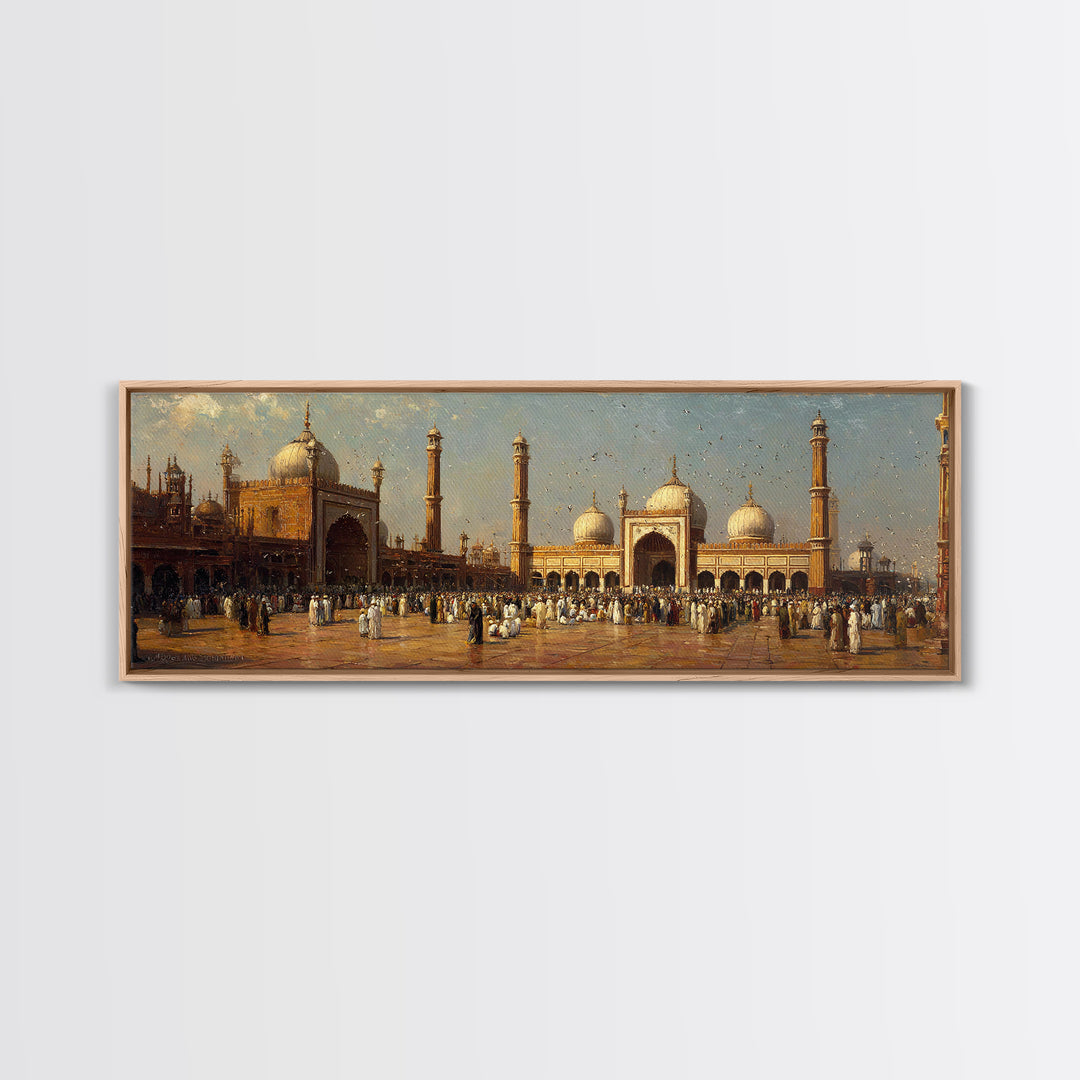 Vintage Indian Mosque Scene With Crowds In Traditional Attire Antique Oil Painting Wall Art Framed Canvas Print