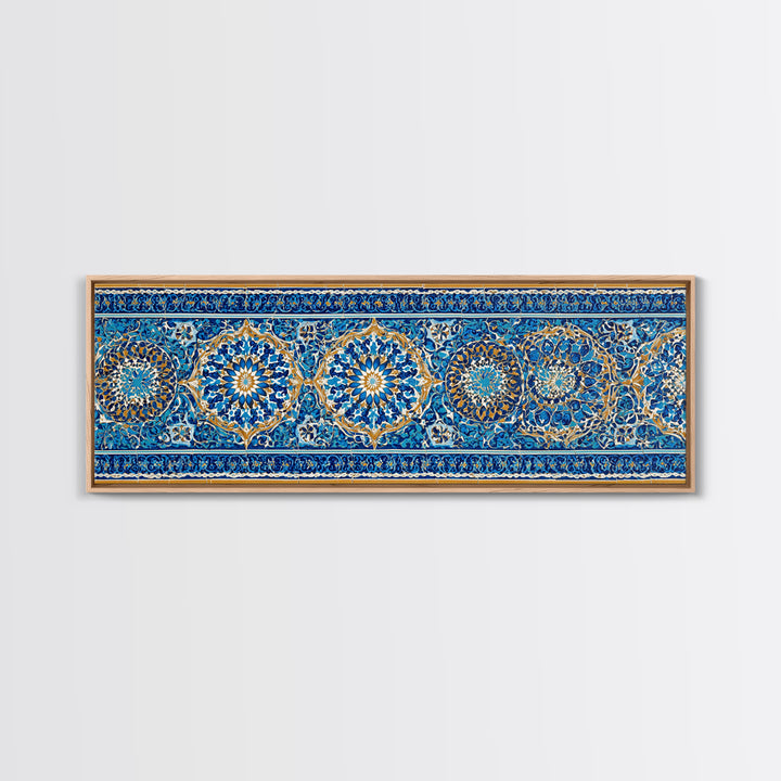 Detailed Handpainted Islamic Tile Blue And Gold Pattern Artwork Canvas Print For Moroccan Home Decor And Framed Wall Art