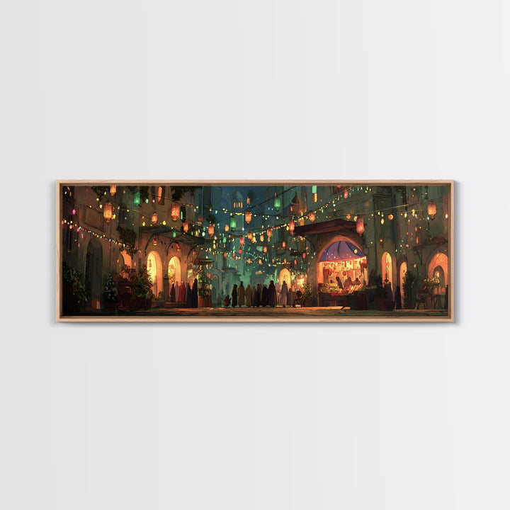 Vibrant Nighttime Street Market Scene With Lanterns And Crowds Framed Canvas Print