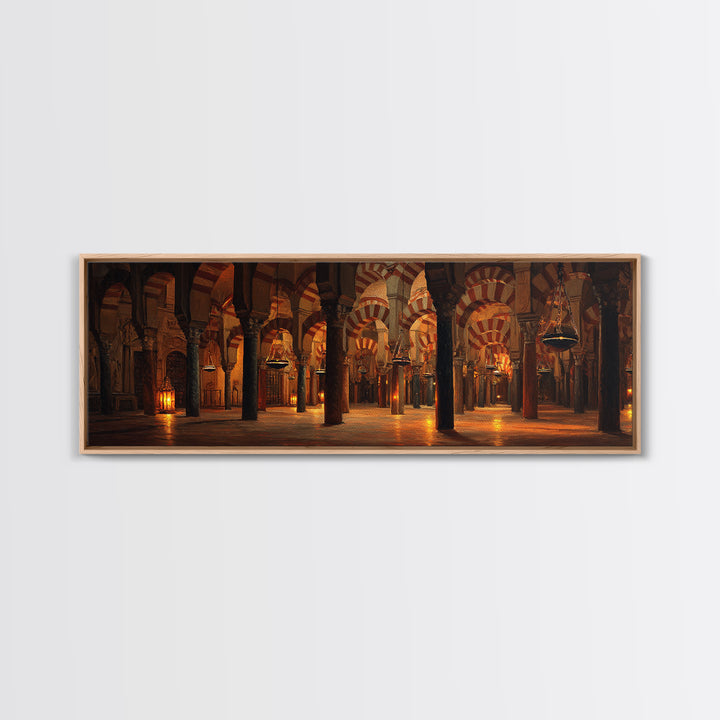 Warm Glowing Columns Of Ancient Mosque Interior With Arches Framed Canvas Print For Rustic Home Decor And Statement Wall Art
