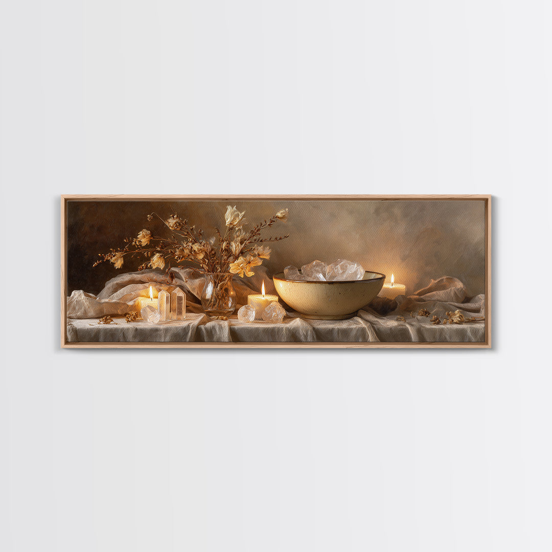 Crystals Candles And Dried Flowers Wall Art, Moody Spa Framed Canvas Print, Zen Meditation Decor For Cozy Living Room Art
