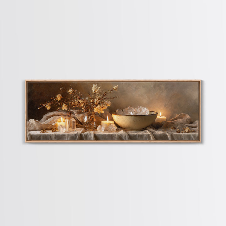Crystals Candles And Dried Flowers Wall Art, Moody Spa Framed Canvas Print, Zen Meditation Decor For Cozy Living Room Art