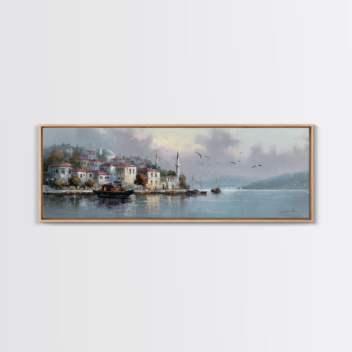 Scenic Coastal Fishing Village With Boats In Harbor Under Soft Cloudy Sky Framed Canvas Print For Rustic And Vintage Wall Art