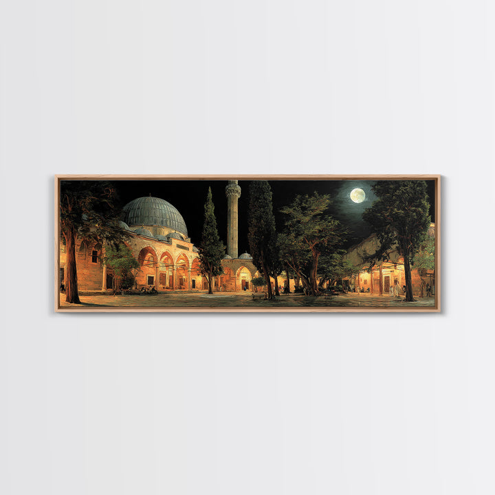 Nighttime Mosque Courtyard With Warm Lighting And People Gathered Framed Canvas Print For Spiritual Wall Art