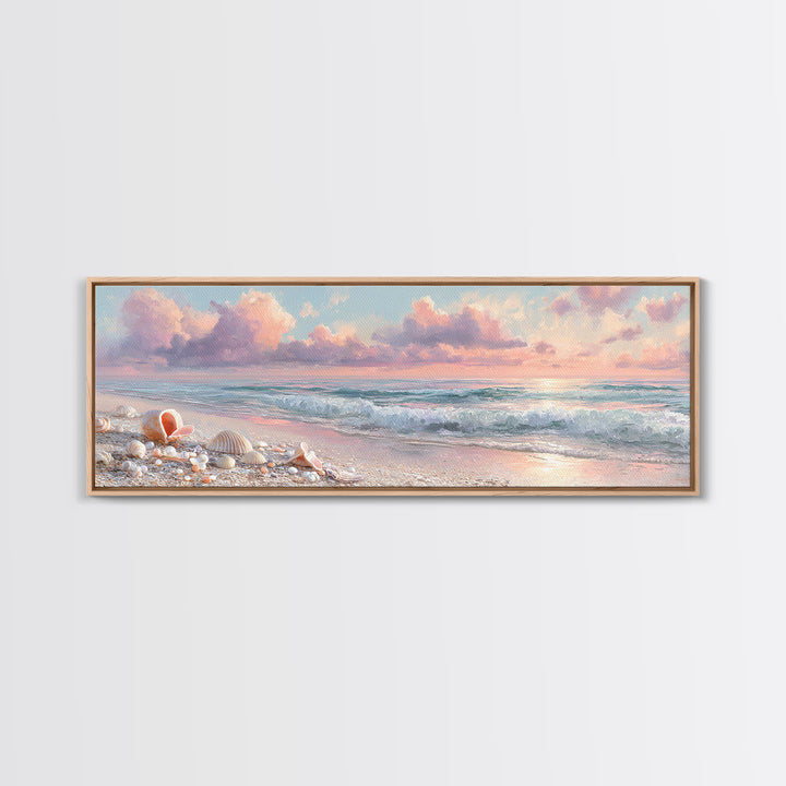 Pastel Ocean Waves And Shells Beach Wall Art, Coastal Canvas Print, Seashell Bathroom Decor And Beach House Gift For Her