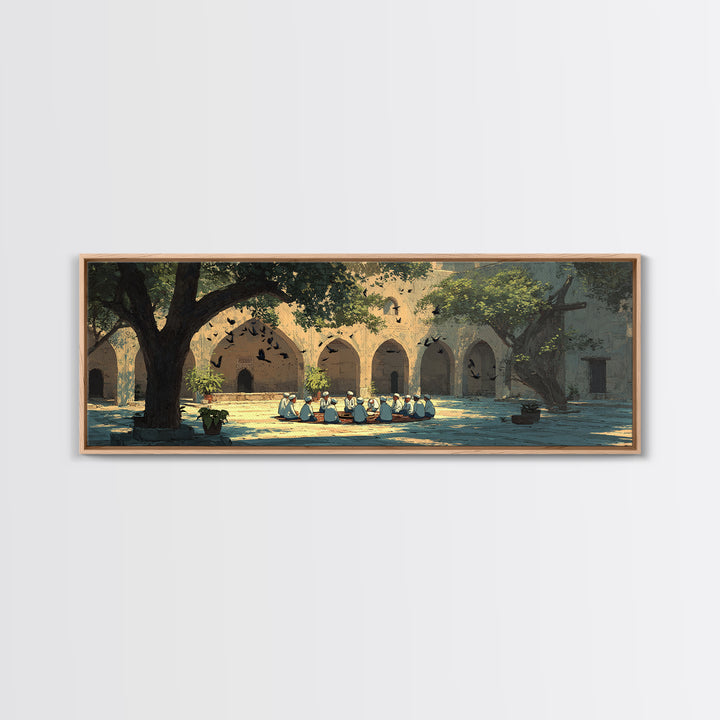 Historic Courtyard With Men In Traditional Clothing Sitting And Talking Framed Canvas