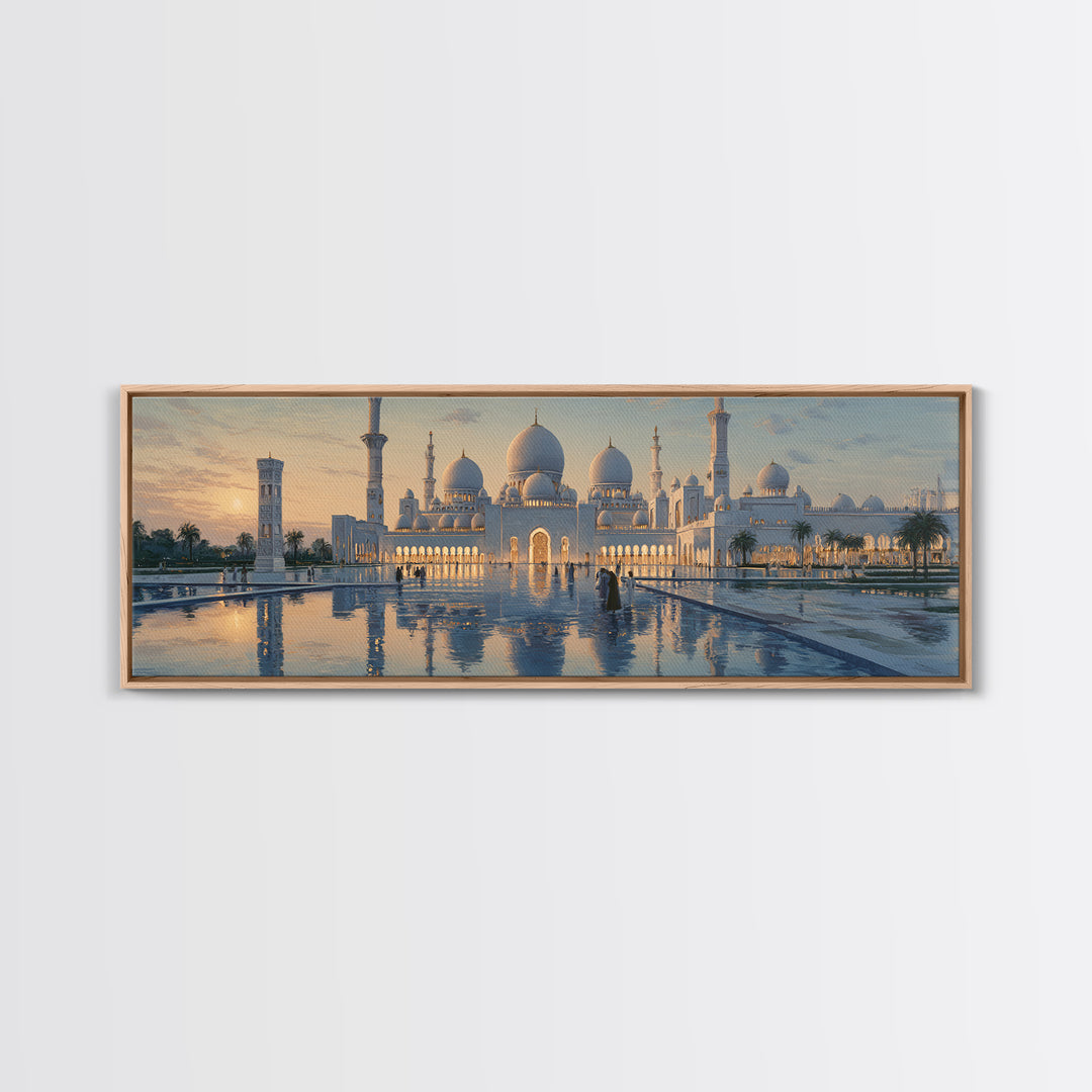 Majestic Mosque Sunset Golden Hour With Warm Glow And Reflections - Elegant Architectural Wall Art Canvas Print For Home Decor
