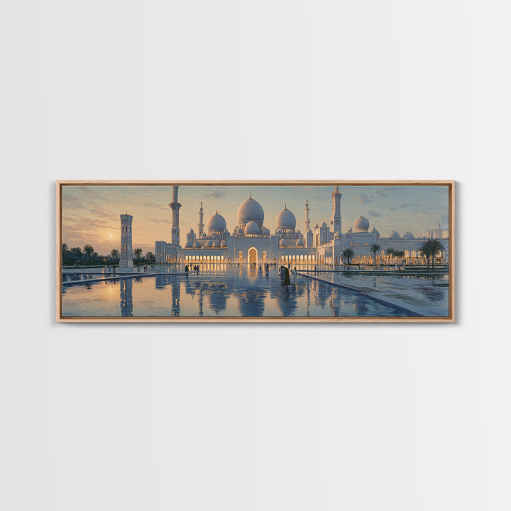 Majestic Mosque Sunset Golden Hour With Warm Glow And Reflections - Elegant Architectural Wall Art Canvas Print For Home Decor