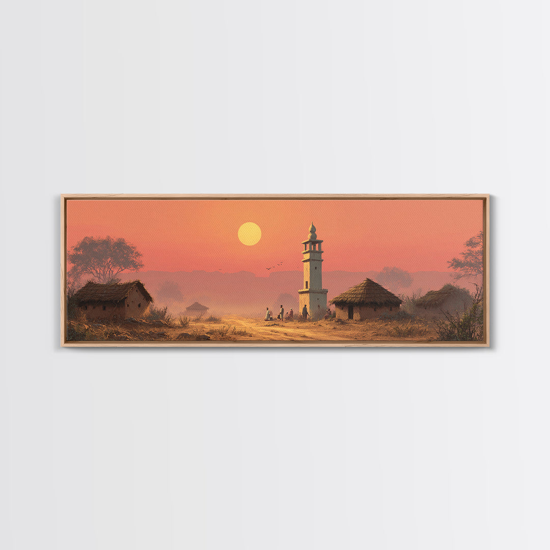 Rural Village Minaret At Peach Sunset Wall Art, Islamic Landscape Print, Prayer Room Decor, Warm Farmhouse Home Decor Gift