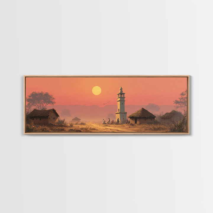 Rural Village Minaret At Peach Sunset Wall Art, Islamic Landscape Print, Prayer Room Decor, Warm Farmhouse Home Decor Gift