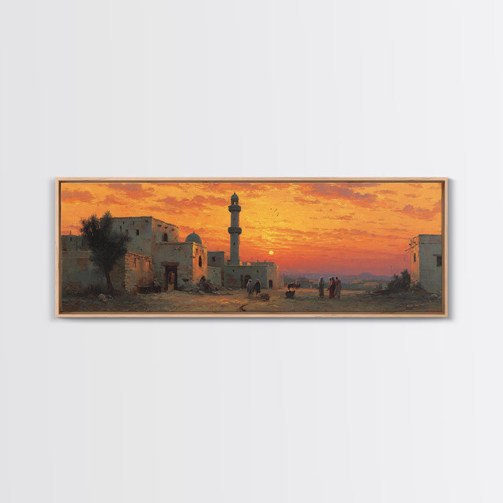 Stunning Sunset Over Desert Village With Minaret Oil Painting Warm Landscape Wall Art Framed Canvas Print For Home And Office