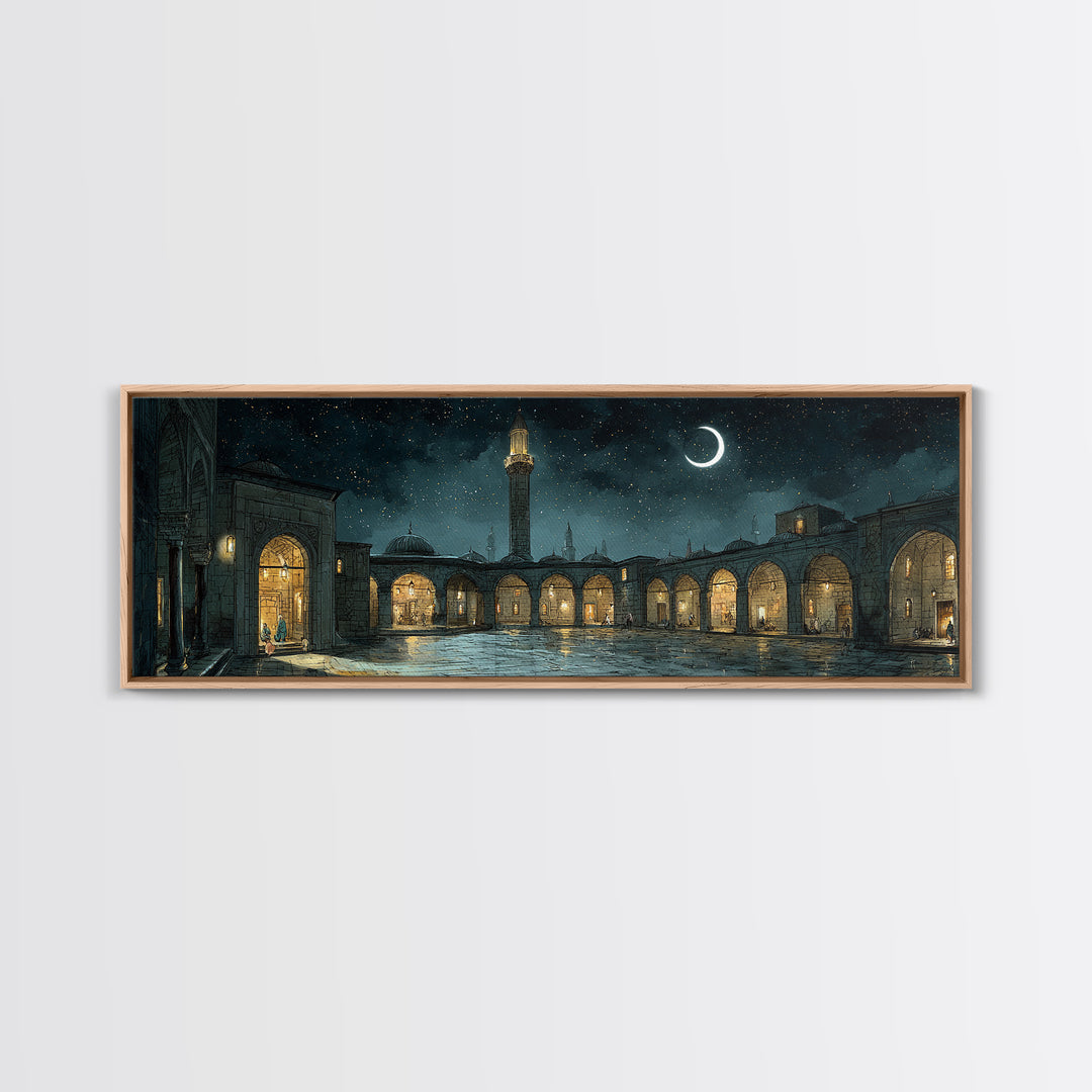 Enchanting Night Courtyard With Starry Sky And Crescent Moon - Magical Wall Art Canvas Print For Bedroom And Living Room Decor