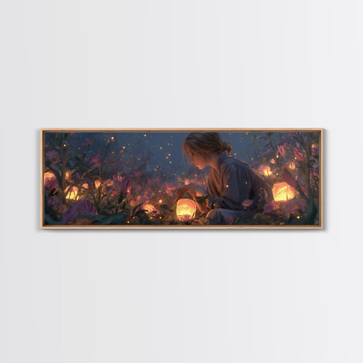 Girl With Glowing Lanterns In Enchanted Garden Wall Art, Fantasy Canvas Print, Whimsical Nursery Decor And Kids Room Decor Gift For Her