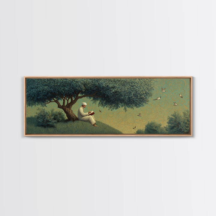 Peaceful Man Reading Under Lush Tree With Flying Birds Scenic Wall Art Canvas Print For Home Decor