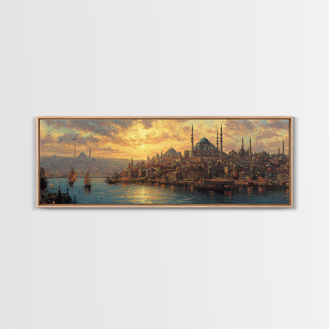Sunset Over Istanbul Panorama With Historic Sultan Mosque And Boats In Golden Light Wall Art Modern Home Decor
