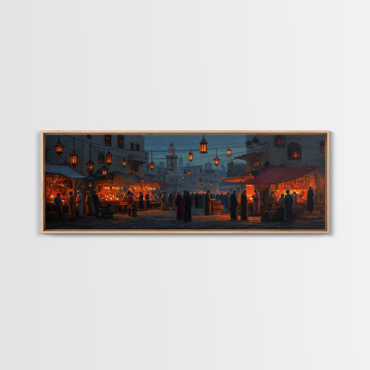 Warm and Lively Market Scene in Middle Eastern Style Oil Painting with Lanterns and Crowds Canvas Print