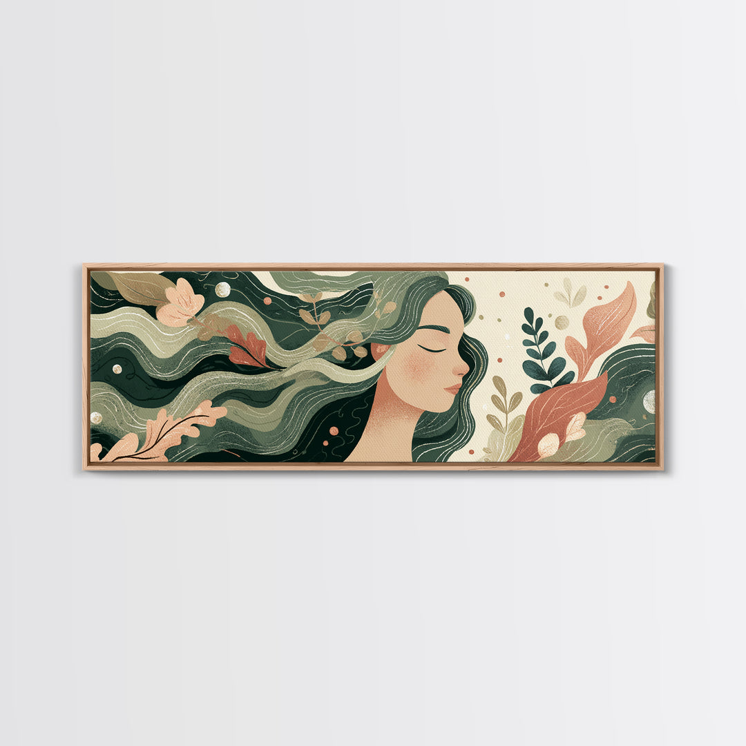 Flowing Green Haired Woman Botanical Wall Art, Feminine Boho Canvas Print, Earth Tone Decor For Bedroom And Living Room Art