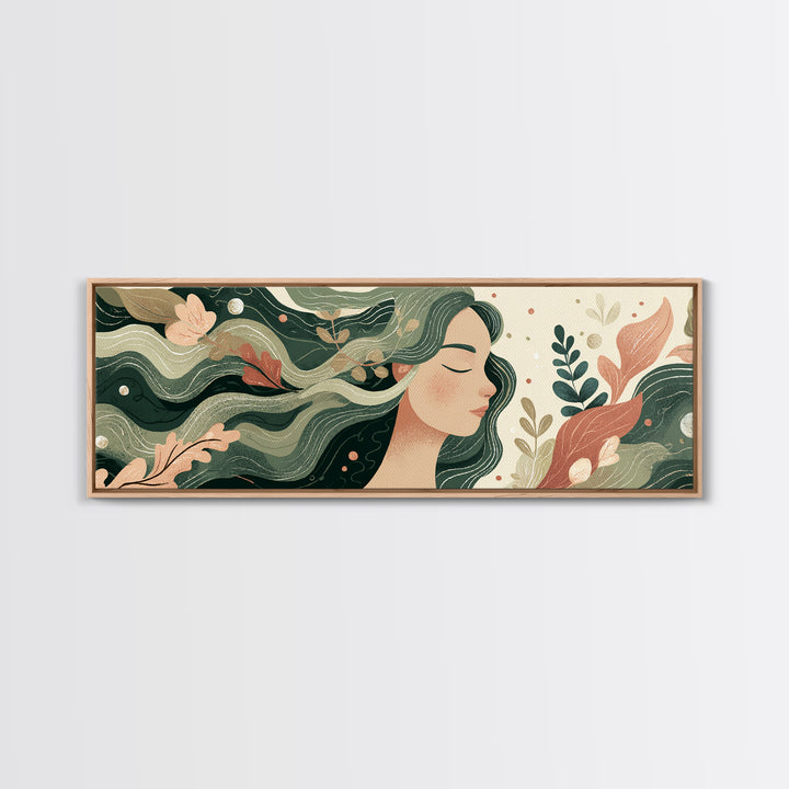 Flowing Green Haired Woman Botanical Wall Art, Feminine Boho Canvas Print, Earth Tone Decor For Bedroom And Living Room Art