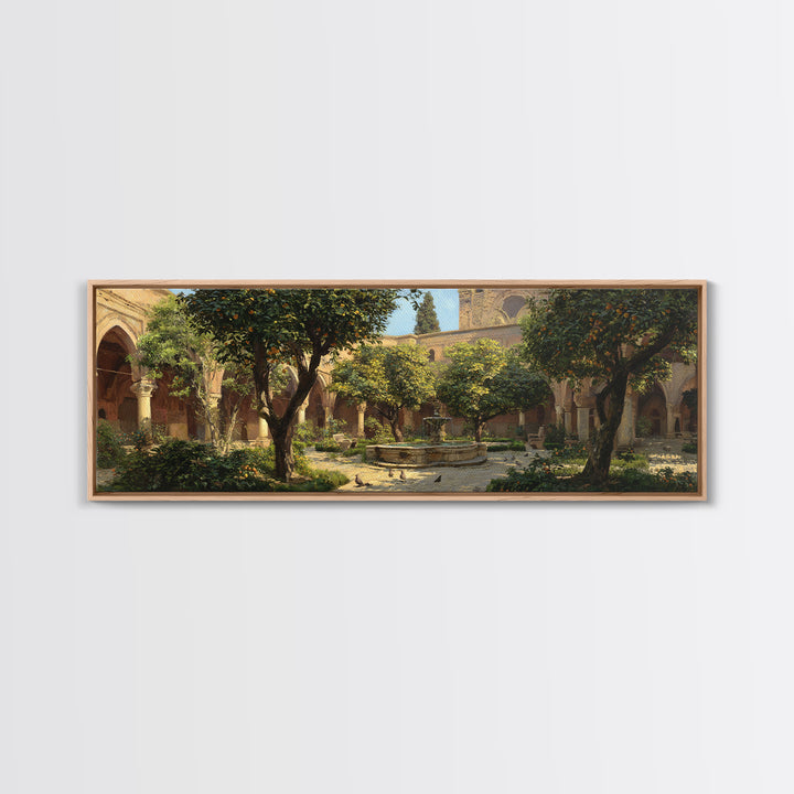 Sunny Courtyard With Orange Trees And Fountain, Classic European Garden Oil Painting Wall Art Print, Large Framed Canvas Print For Home