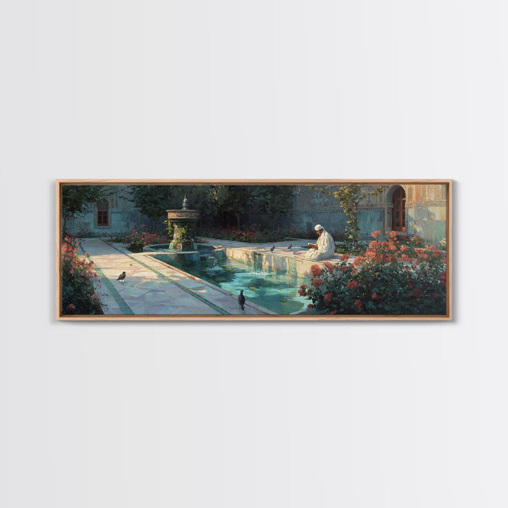 Serene Courtyard With Reflective Water And A Man Reading In Peaceful Garden Scene Wall Art