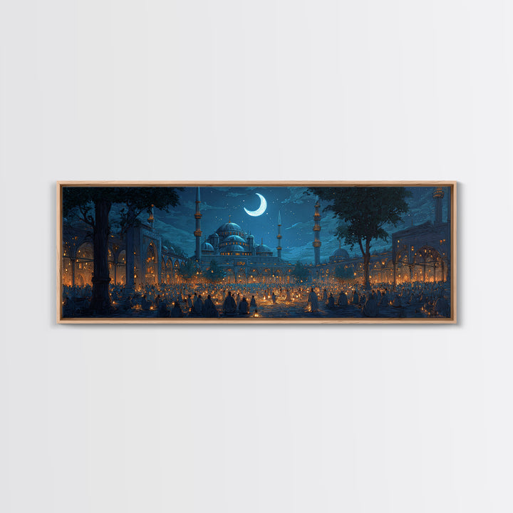 Serene Nighttime Mosque With Illuminated Lanterns And Crescent Moon Wall Art Framed Canvas Print For Spiritual Home Decor