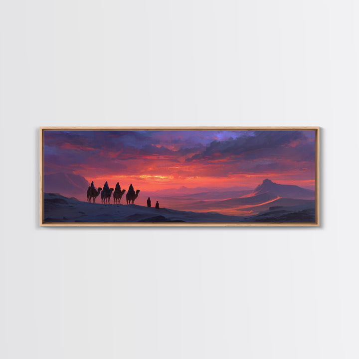 Dramatic Desert Caravan With Camels Traveling At Sunset Landscape Wall Art For Living Room Cozy Home Decor Framed Canvas Print