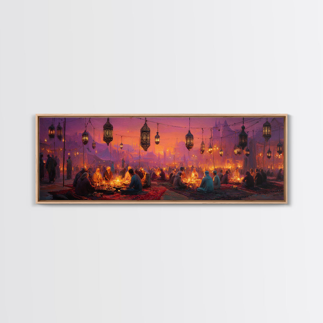 Vibrant Middle Eastern Night Festival With Lanterns And People Enjoying Colorful Celebration Framed Canvas Print
