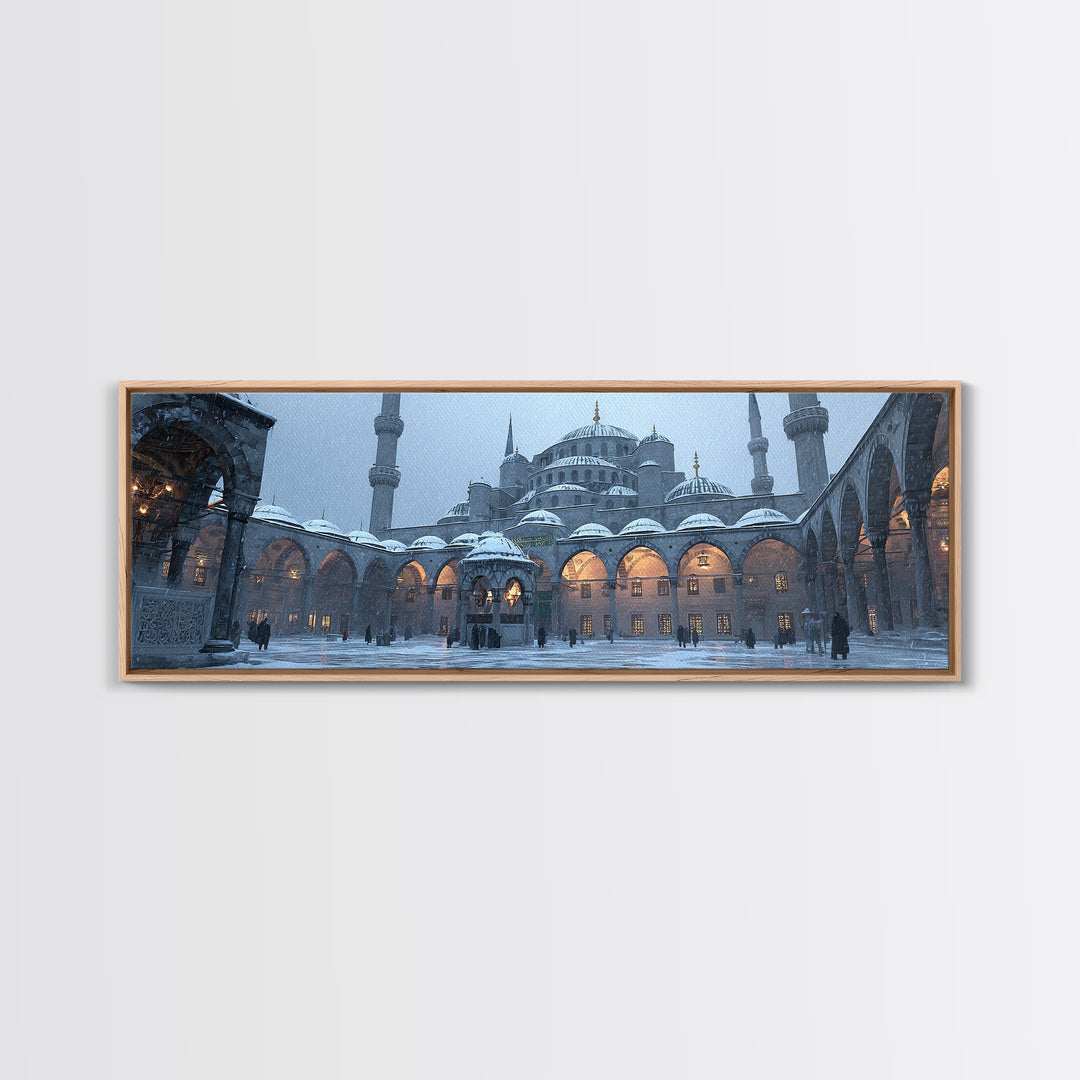Historic Mosque Courtyard In Snowfall Cityscape Digital Painting Modern Wall Art Canvas Print For Home Decor