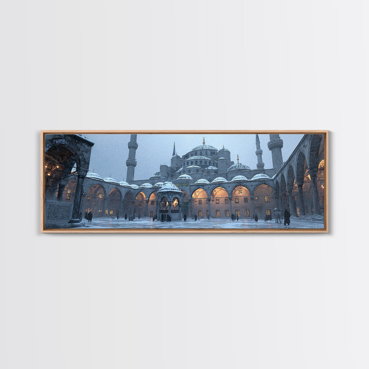 Historic Mosque Courtyard In Snowfall Cityscape Digital Painting Modern Wall Art Canvas Print For Home Decor