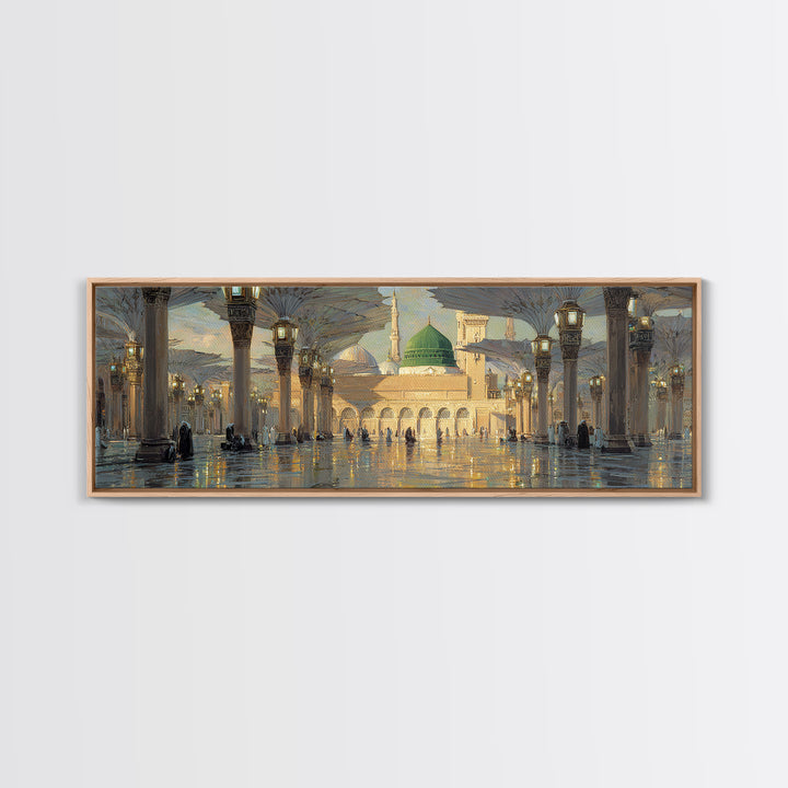 Ornate Mosque Interior With Illuminated Columns And Green Dome Wall Art Canvas Print Featuring Traditional Islamic Architecture And Spiritual Ambiance