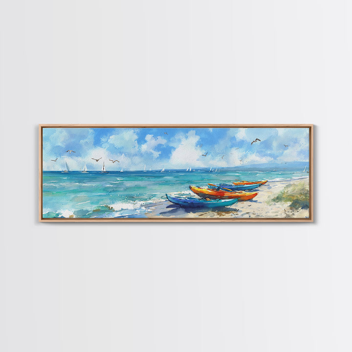 Vibrant Colorful Kayaks On Serene Beach Ocean Scene Beach Wall Art Watercolor Canvas Print