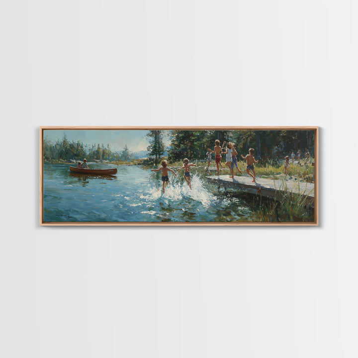 Oil Painting Of Children Playing Near Dock By Lake At Sunset Colorful Nature Wall Art Canvas Print
