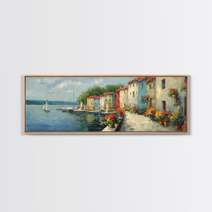 Classic Mediterranean Coastal Village With Colorful Buildings And Boats Oil Painting Canvas Print For Rustic Wall Art