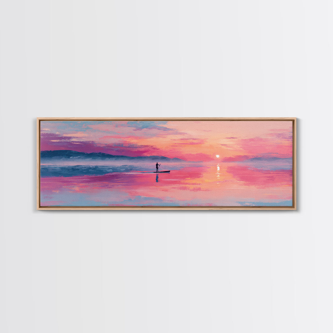 Serene Paddleboarder At Sunset With Pink Purple Sky Wall Art Canvas Print For Coastal Home Decor