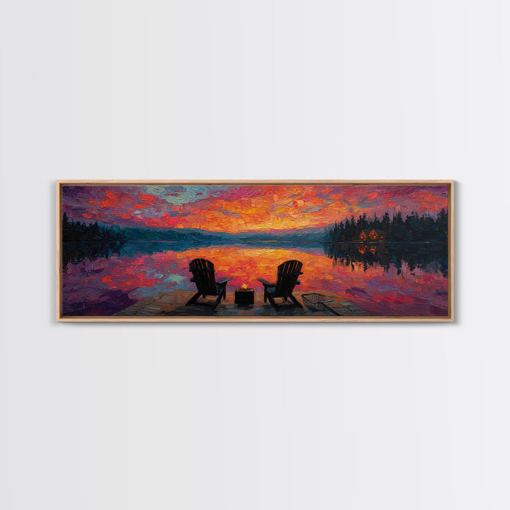 Rustic Sunset Lake Scene With Empty Chairs And Fire Pit Oil Painting Wall Art Framed Canvas Print