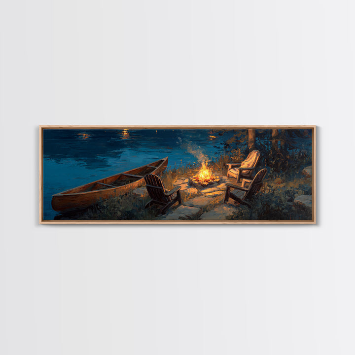 Tranquil Lakeside Campfire Scene With Chairs And Canoe Wall Art Canvas Print For Cozy Home Decor Rustic Bedroom Gift Ideas