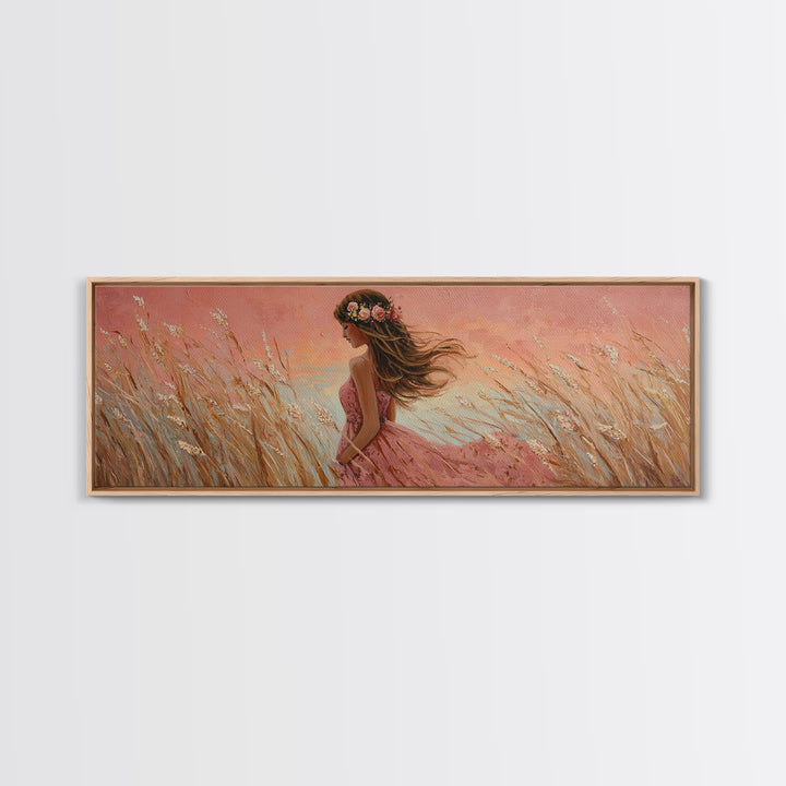 Boho Girl In Pink Dress Through Golden Wheat Field Canvas Print, Feminine Wall Art, Romantic Bedroom Decor, Housewarming Gift For Her