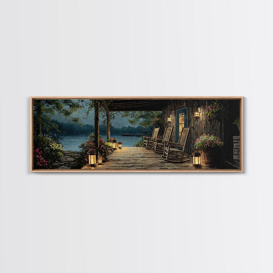 Cozy Lakeside Porch At Twilight Featuring Rocking Chairs And Lanterns Wall Art Perfect For Rustic Home Decor And Living Room