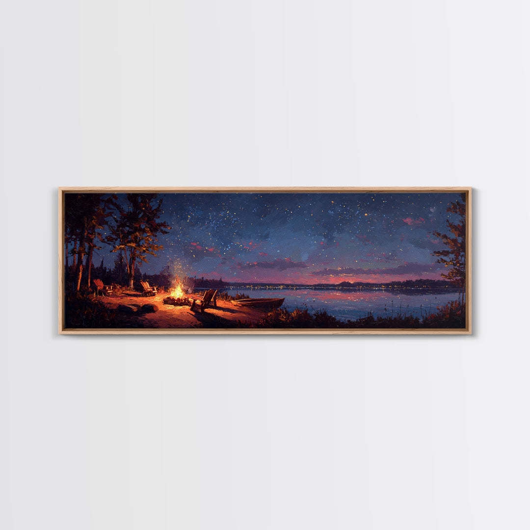 Serene Lakeside Campfire Under Starry Night Sky Wall Art Framed Canvas Print Cozy Outdoor Home Decor