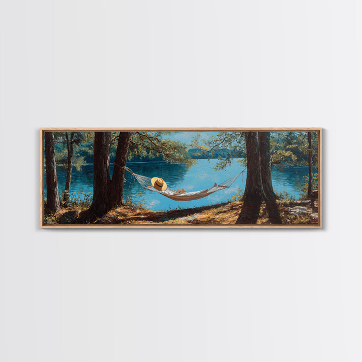 Peaceful Lake Scene With Person Reading In Hammock Among Trees Wall Art Framed Canvas Print For Relaxing Home Decor